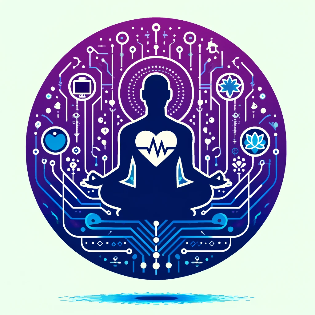 ntegration of spirituality with healthcare technology in vibrant blue and purple tones.